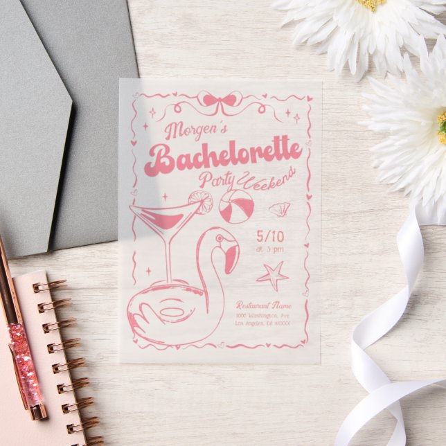 Girly Pink and White Bachelorette Weekend Party Vellum Invitations (Wedding)