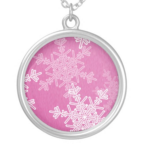 Girly pink and white Christmas snowflakes Silver Plated Necklace