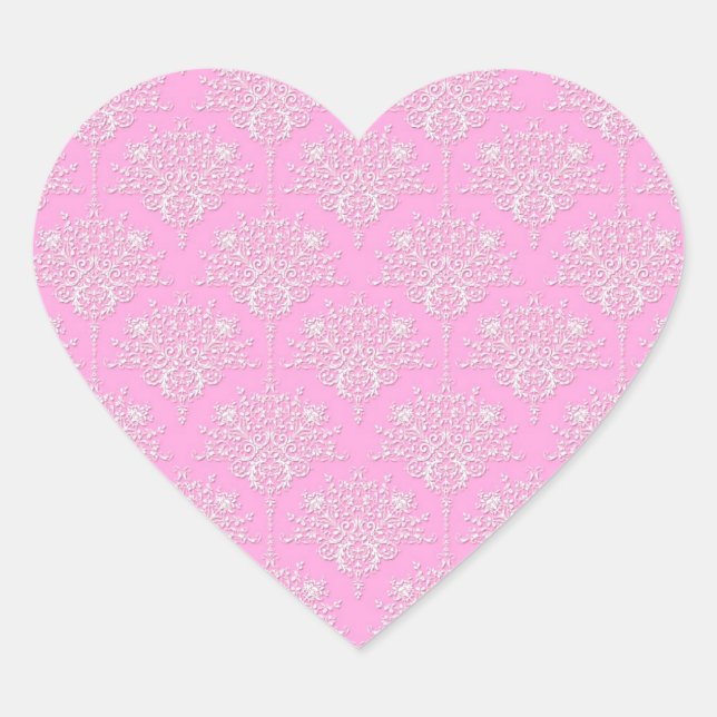 Girly Pink and White Damask Pattern Heart Sticker (Front)