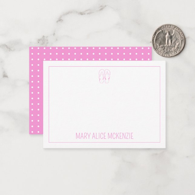 Girly Pink and White Flips Flops and Polka Dots Note Card (Front/Back In Situ)