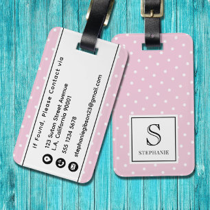 Girly Pink and White Polka Dot Pattern Monogram Luggage Tag