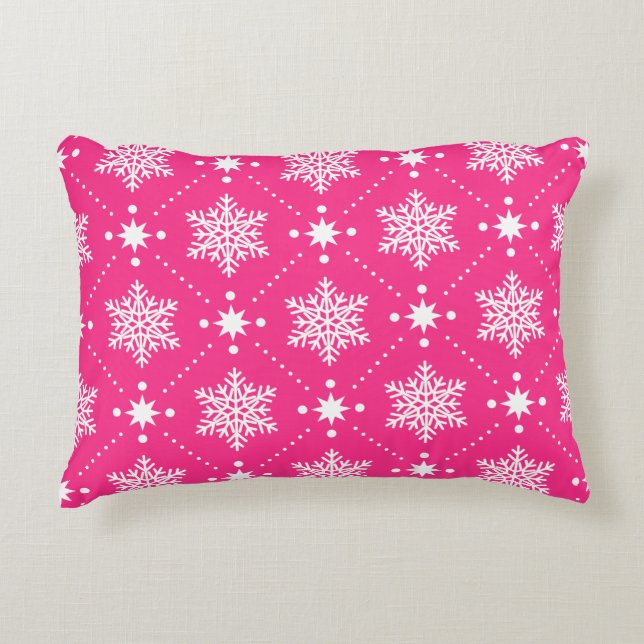 Girly Pink and White Snowflakes Christmas Pattern Accent Pillow (Front)