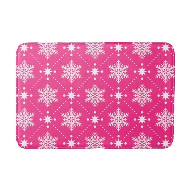 Girly Pink and White Snowflakes Christmas Pattern Bath Mat (Front)