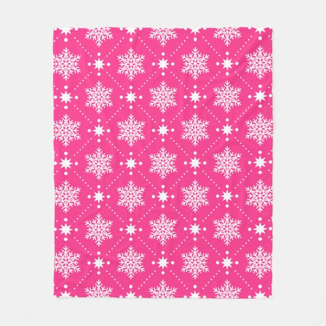 Girly Pink and White Snowflakes Christmas Pattern Fleece Blanket (Front)