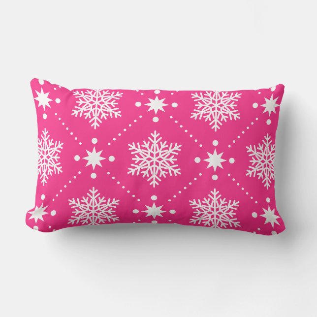Girly Pink and White Snowflakes Christmas Pattern Lumbar Pillow (Front)