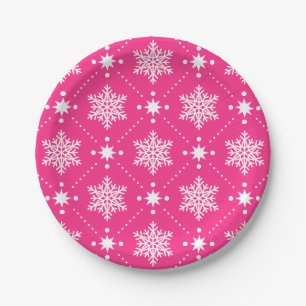 Girly Pink and White Snowflakes Christmas Pattern Paper Plates