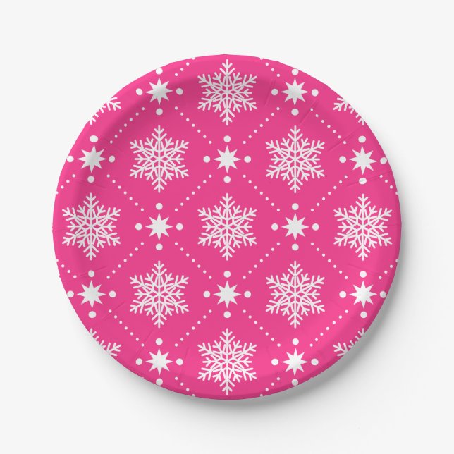 Girly Pink and White Snowflakes Christmas Pattern Paper Plates (Front)