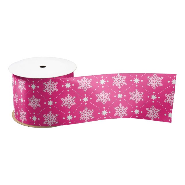 Girly Pink and White Snowflakes Christmas Pattern Satin Ribbon (Spool)