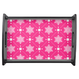 Girly Pink and White Snowflakes Christmas Pattern Serving Tray