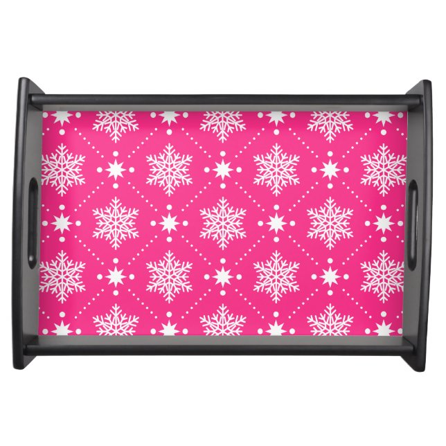 Girly Pink and White Snowflakes Christmas Pattern Serving Tray (Front)