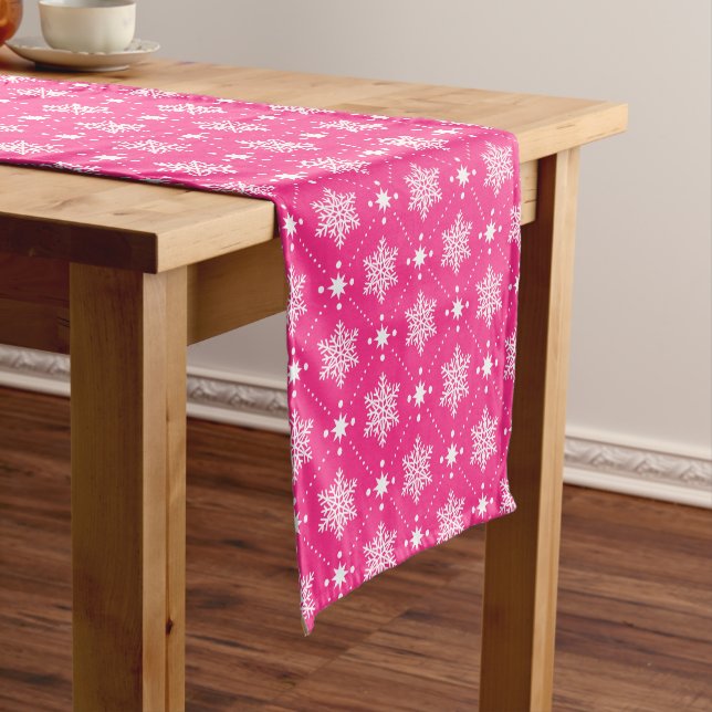 Girly Pink and White Snowflakes Christmas Pattern Short Table Runner (In Situ)
