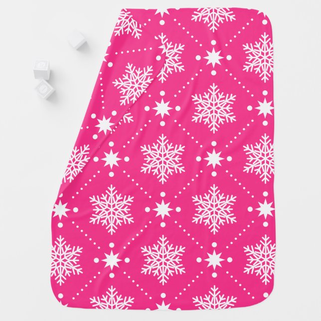 Girly Pink and White Snowflakes Christmas Pattern Swaddle Blanket (In Situ)