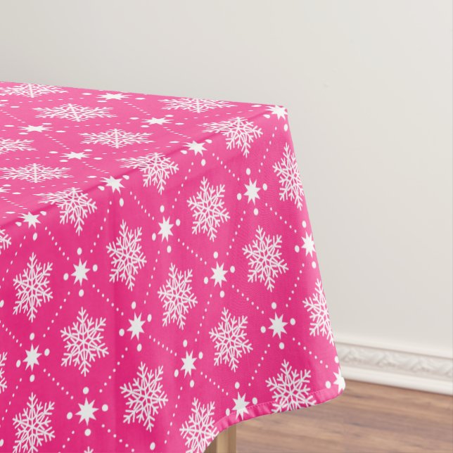 Girly Pink and White Snowflakes Christmas Pattern Tablecloth (In Situ)