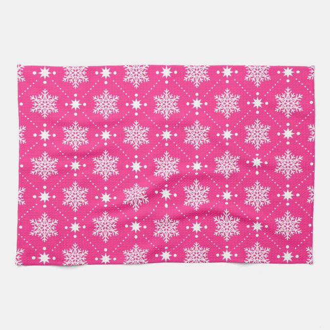 Girly Pink and White Snowflakes Christmas Pattern Towel (Horizontal)