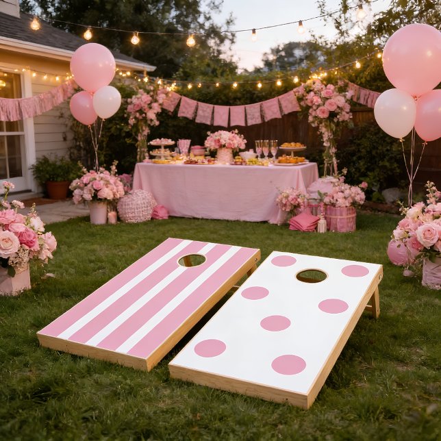 Girly Pink and White Stripes & Polka Dots Backyard Cornhole Set (Pink and White Stripes and Polka Dots Cornhole Board Set)
