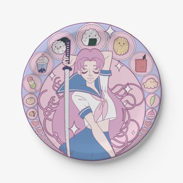 Girly Pink Anime Schoolgirl Art Nouveau Paper Plates (Front)