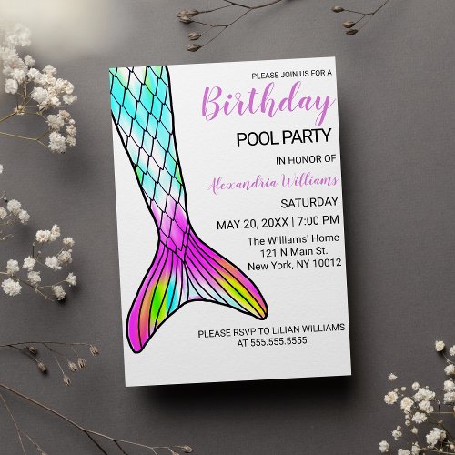 Girly Pink Aqua Blue Mermaid Tail Pool Birthday  Invitation Postcard