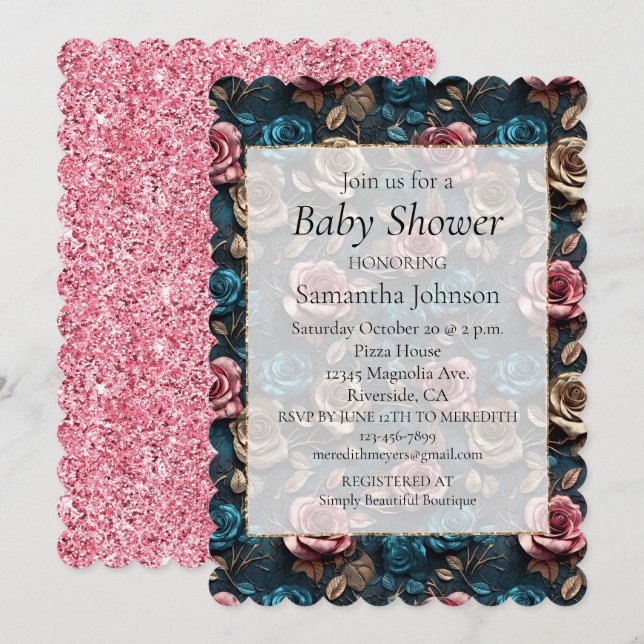Girly Pink Aqua Champagne Gold Roses Invitation (Front/Back)