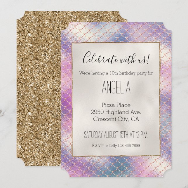 Girly Pink Aqua Gold Mermaid  Invitation (Front/Back)