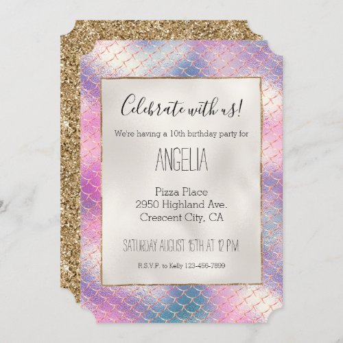 Girly Pink Aqua Gold Mermaid  Invitation