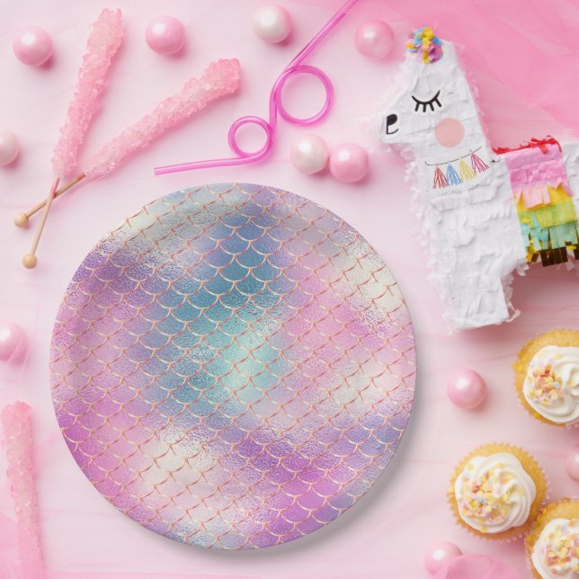 Girly Pink Aqua Gold Mermaid  Paper Plates (Party)