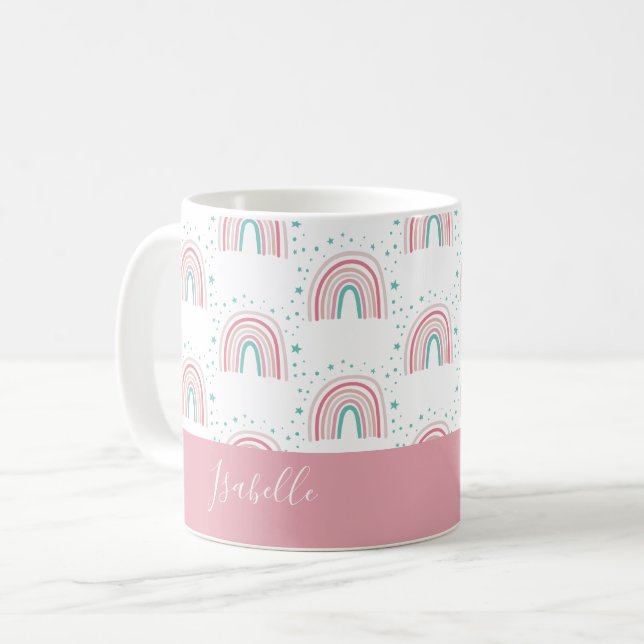 Girly pink aqua rainbow script personalized modern coffee mug (Front Left)