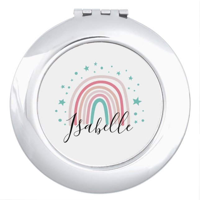Girly pink aqua rainbow script personalized modern compact mirror (Front)