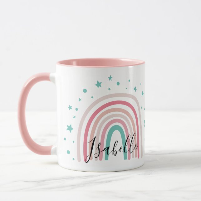 Girly pink aqua rainbow script personalized modern mug (Left)