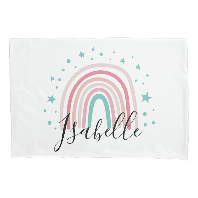 Girly pink aqua rainbow script personalized modern pillow case (Front)