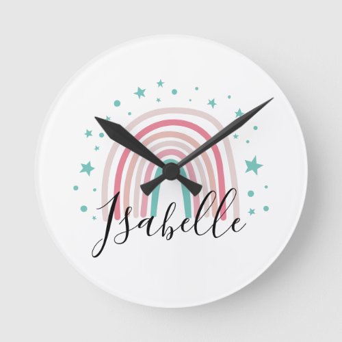 Girly pink aqua rainbow script personalized modern round clock