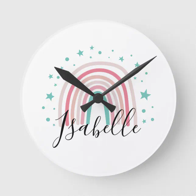 Girly pink aqua rainbow script personalized modern round clock | Zazzle