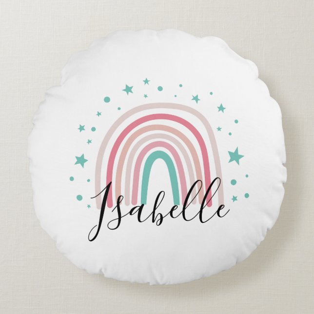 Girly pink aqua rainbow script personalized modern round pillow (Front)