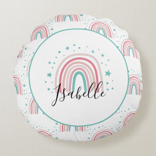 Girly pink aqua rainbow script personalized modern round pillow