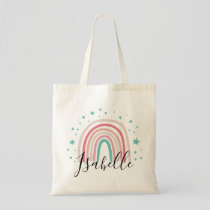 Girly pink aqua rainbow script personalized modern tote bag