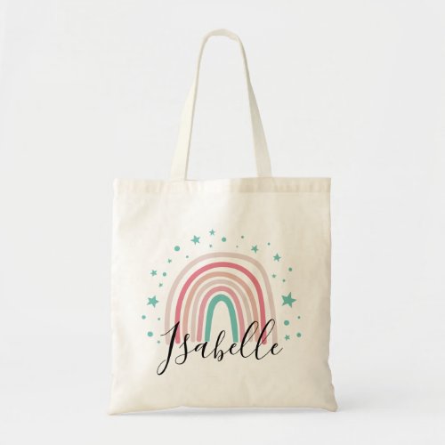 Girly pink aqua rainbow script personalized modern tote bag