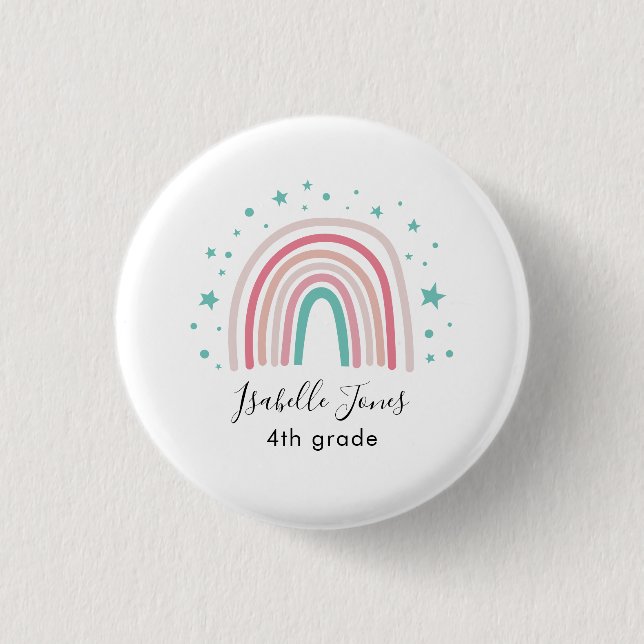 Girly pink aqua rainbow script personalized school button (Front)