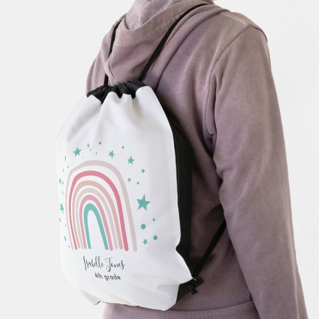 Girly pink aqua rainbow script personalized school drawstring bag (Insitu)