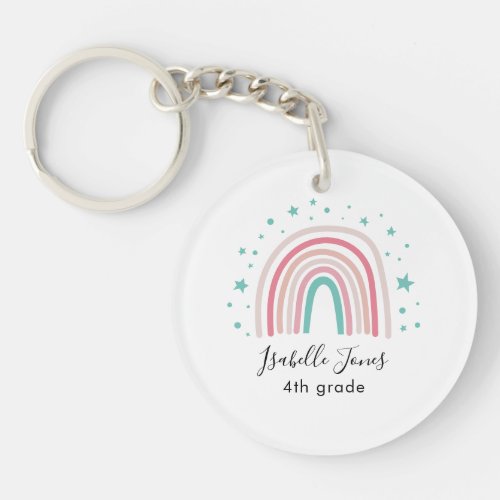 Girly pink aqua rainbow script personalized school keychain