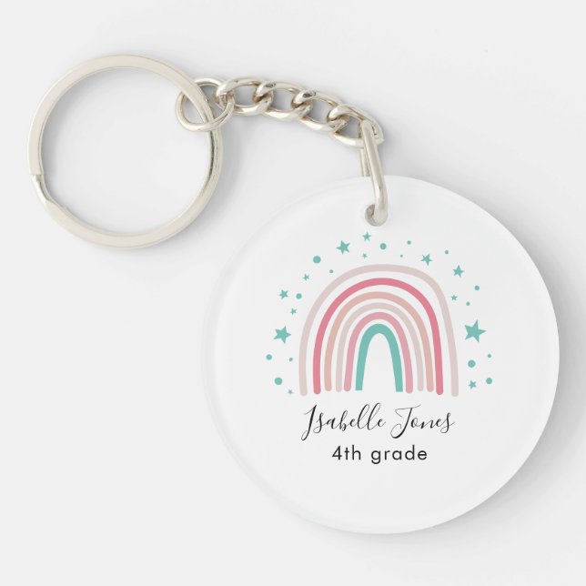 Girly pink aqua rainbow script personalized school keychain (Front)