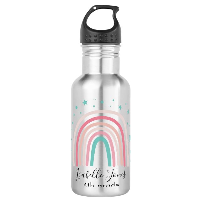 Girly pink aqua rainbow script personalized school stainless steel water bottle (Front)