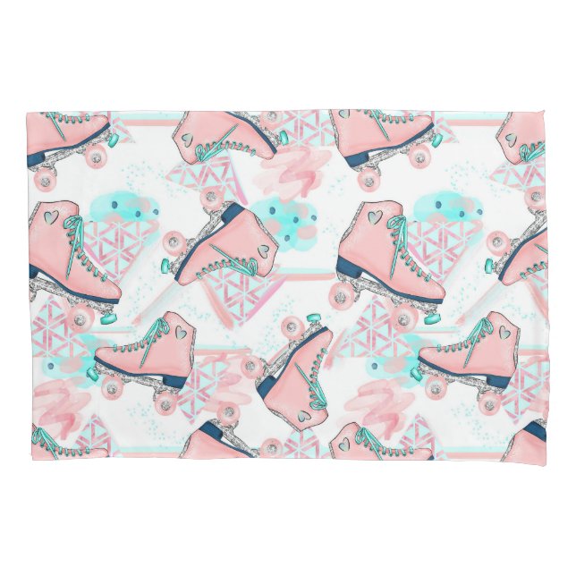 Girly Pink Aqua Roller Skates Personalized Pillow Case (Front)