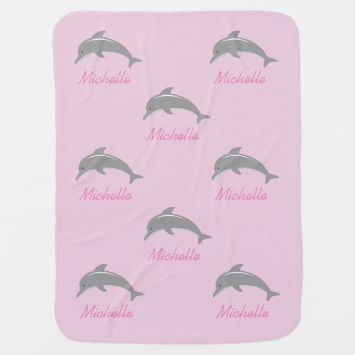 Girly pink baby blanket with cute grey dolphins