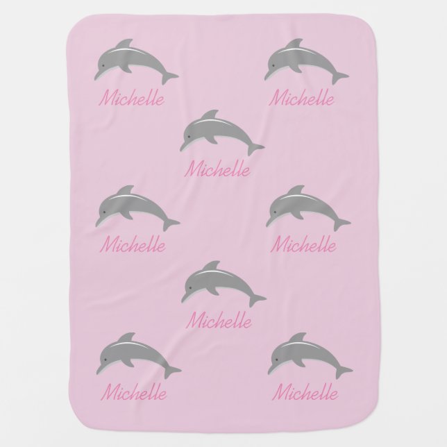 Girly pink baby blanket with cute grey dolphins (Front)