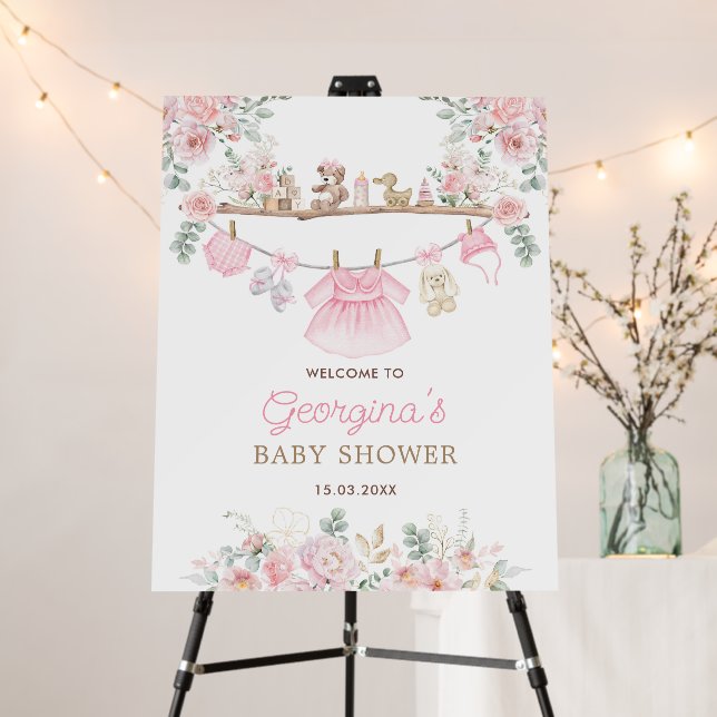 Girly Pink Baby Clothes Floral Clothesline Welcome Foam Board (In Situ (Stand))