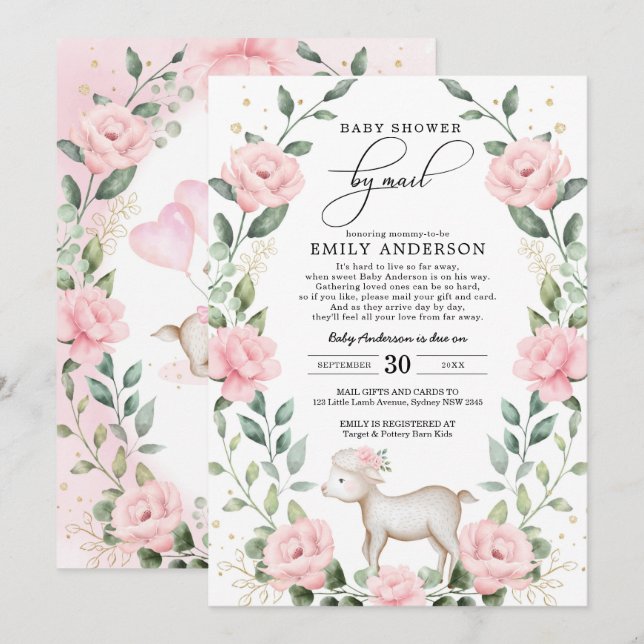 Girly Pink Baby Lamb Shower By Mail Quarantine Invitation (Front/Back)