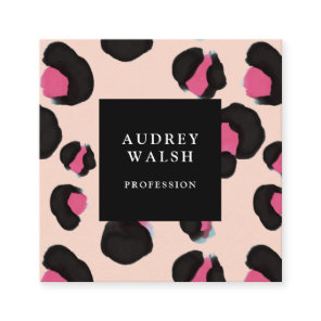 Girly Pink Back Blush Leopard print Square Business Card