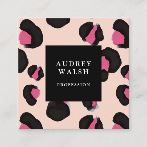 Girly Pink Back Blush Leopard print Square Business Card