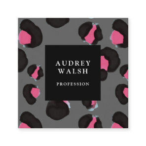Girly Pink Back Dark Gray Leopard print   Square Business Card