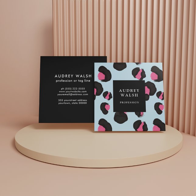Girly Pink Back Light Blue Leopard print   Square Business Card (Creator Uploaded)