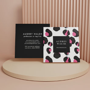 Girly Pink Back White Leopard print  Square Business Card